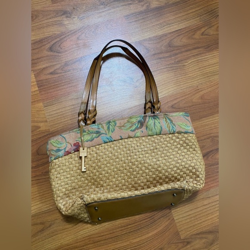 FOSSIL woven straw satchel shoulder purse floral fabric summer beach 2 straps